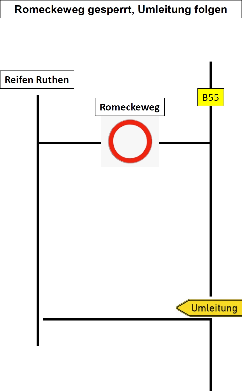 Umleitungsschild mit Informationen zur Sperrung des Romeckewwegs und alternativen Routen.
